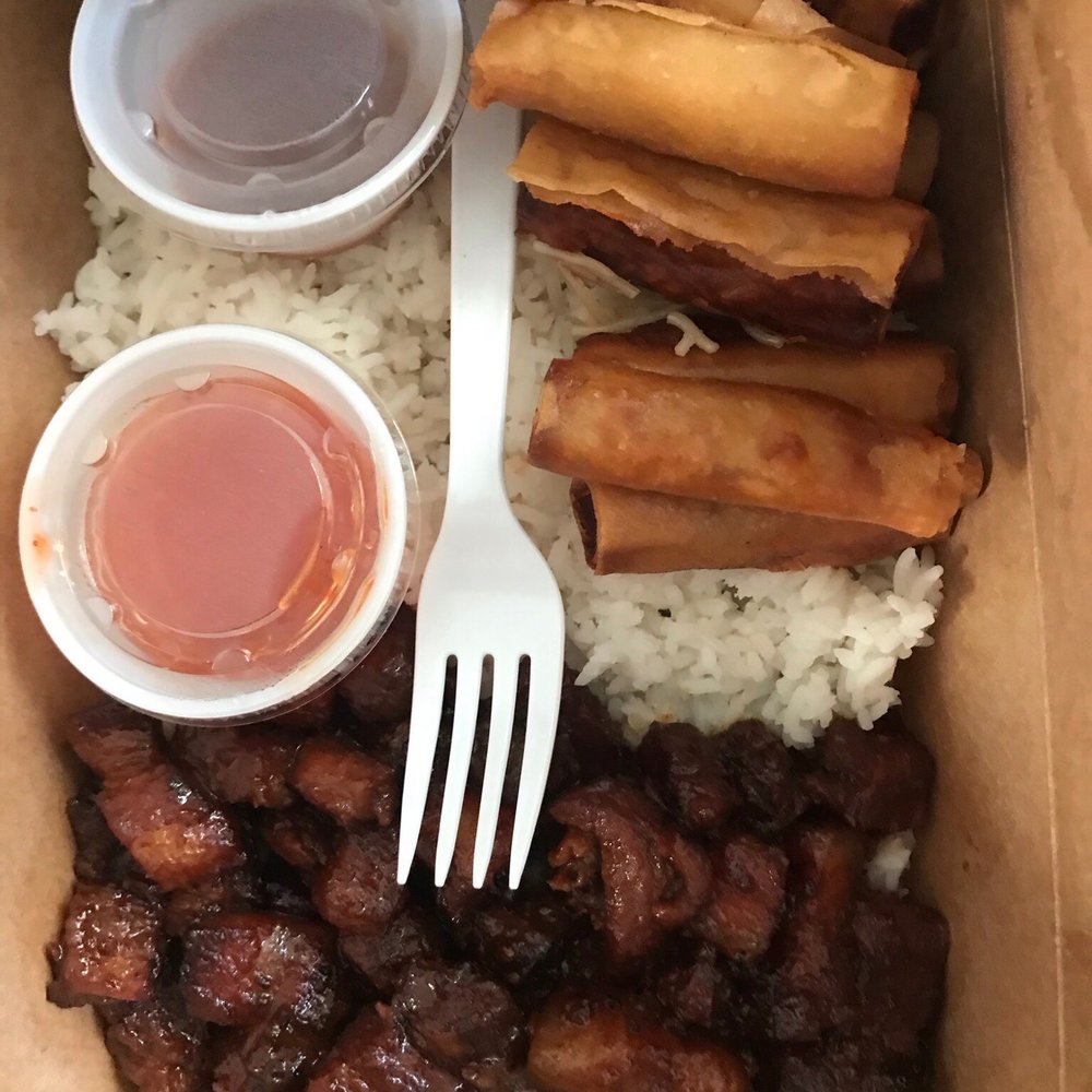 Little Manila - Pork belly BBQ with white rice and lumpia, comes with peanut sauce and sweet chilli - Filipino Near Me - Charlottesville, Virginia Little Manila - Pork belly BBQ with white rice and lumpia, comes with peanut sauce and sweet chilli - Filipino Near Me - Charlottesville, Virginia