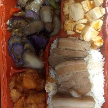 Bento Express - pork belly bento, with orange chicken, eggplant and mapo tofu - Taiwanese Near Me - Sunnyvale, California Bento Express - pork belly bento, with orange chicken, eggplant and mapo tofu - Taiwanese Near Me - Sunnyvale, California