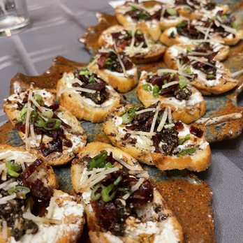 Double Oaks Bed & Breakfast - Family style appetizer: goat cheese crostini with mushroom duxelle & prosciutto - Bed & Breakfast Near Me - Greensboro, North Carolina