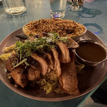 Shangri La - Pork chop with mac n cheese and apple sauce - New American Near Me - Fair Oaks, California