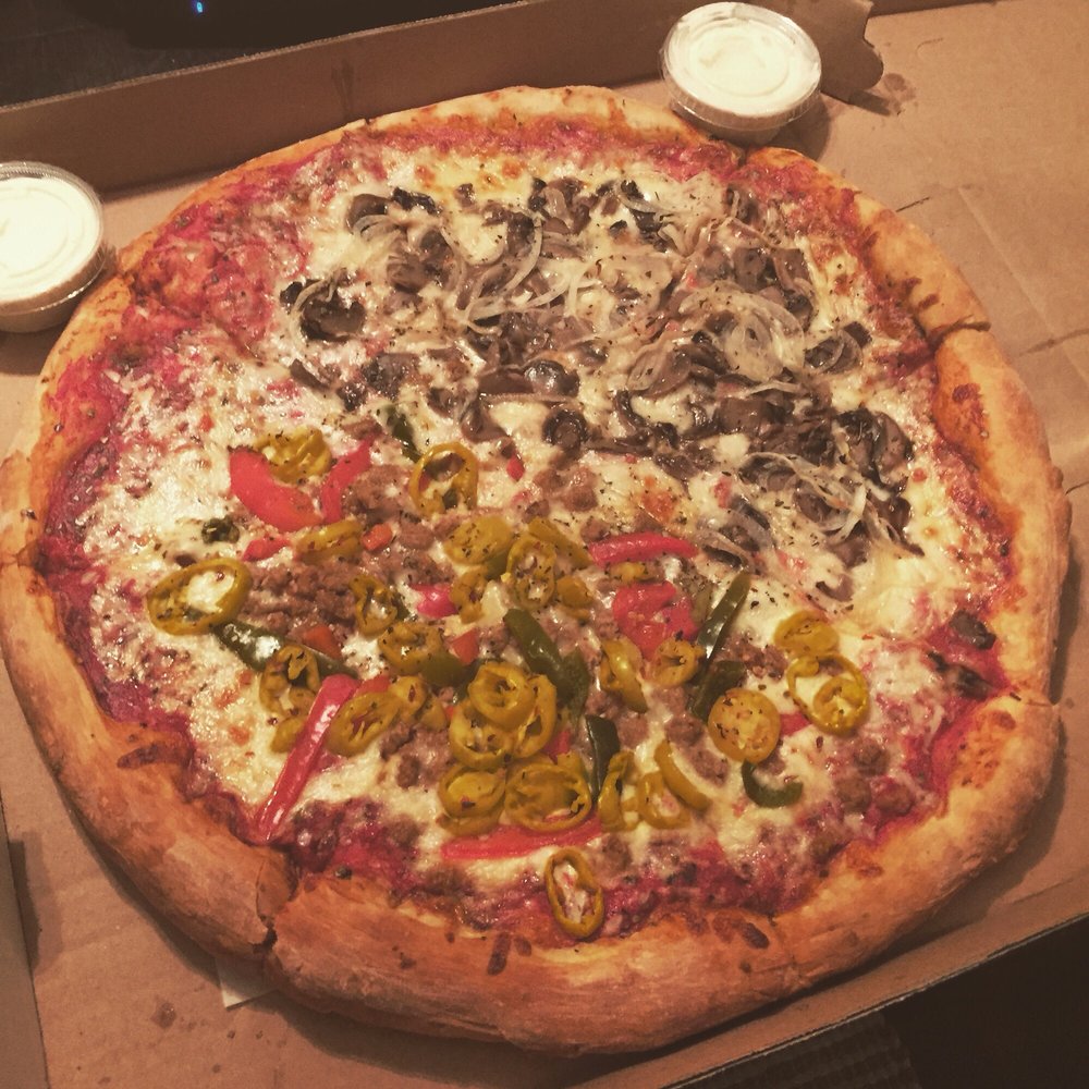 Bailey N Doat Pizzeria - Large pizza half mushroom and onion, half sausage and hot/sweet peppers - Pizza Near Me - Buffalo, New York Bailey N Doat Pizzeria - Large pizza half mushroom and onion, half sausage and hot/sweet peppers - Pizza Near Me - Buffalo, New York