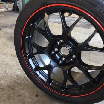 Reliable Powder Coating - Stock Evo X MR wheel. Matte black with red ring. - Powder Coating Near Me - Downey, California Reliable Powder Coating - Stock Evo X MR wheel. Matte black with red ring. - Powder Coating Near Me - Downey, California