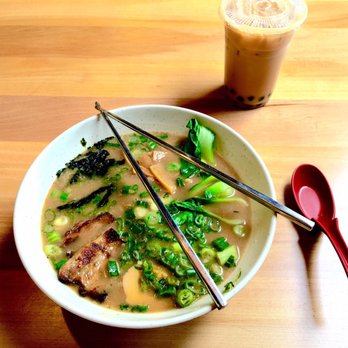 Cravings Deli - Tonkotsu Ramen with Pork Belly and Black Boba Tea, with tapioca pearls. - Vietnamese Near Me - Portage, Michigan