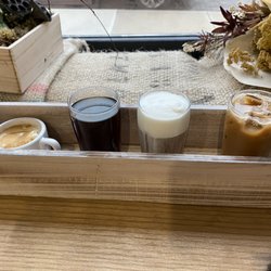Hazel’s Coffee Bar - Special event coffee flight! (L to R) Affogato, special brew, cold brew with pumpkin cream foam, iced vanilla latte