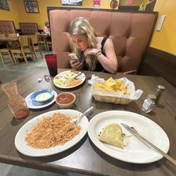 La Cabana Mexican Restaurant - Steak quesadilla, chicken quesadilla, rice, chips, salsa, and cheese dip.