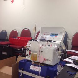 American Red Cross - This is the machine that separates the blood cells & platelets.  It's that yellow bag hanging in front of the machine.