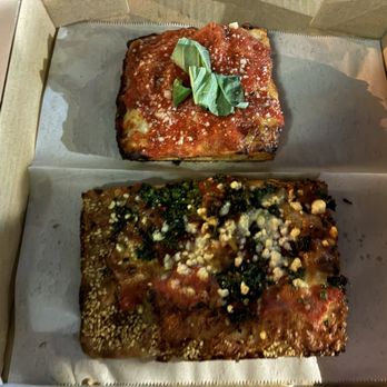 Quarter Sheets - Red Top (mozzarella, red sauce, grana & basil) & Sicilian Corner (QS sausage, Fresno chili, broccoli di ciccio, red sauce, mozz, pecorino) - Pizza Near Me - Los Angeles, California