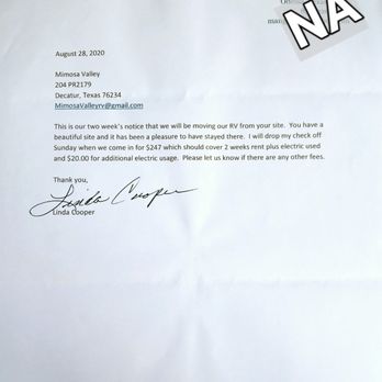 Mimosa Valley RV Park - Letter of praise just few days before reviews. Notice moving already. It is from Linda C.  and concerns the same Terry C and Erin O - RV Parks Near Me - Decatur, Texas