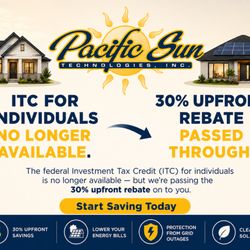 Pacific Sun Technologies - With our Pre Paid PPA  we can offer a 30% Upfront rebate, no cost ownership transfer at year 6. Call us for a personalized proposal