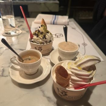 Pepp & Dolores - Gelato - vanilla mascarpone with olive and sea salt + vanilla mascarpone with crushed pistachio and mini chocolate chips w/ espressos - Italian Near Me - Ohio, Ohio