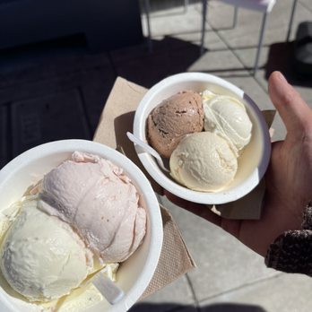 Tara's Organic Ice Cream - Orange cardamom and strawberry. On the right is mocha, peanut butter, and sweet cream. - Ice Cream & Frozen Yogurt Near Me - Berkeley, California
