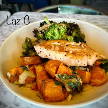 Flower Child - Salmon w/Roasted Broccoli & Red Chile Glazed Sweet Potato - Salad Near Me - Phoenix, Arizona