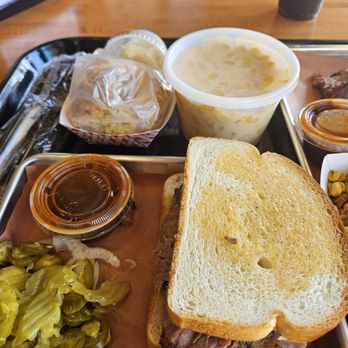 Gatlin's BBQ - Brisket sandwich with a medium mac&cheese side with a cornbread muffin - Barbeque Near Me - Houston, Texas