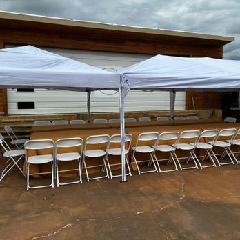 Happy Huddle Party Rentals - 10x30 tent, white folding chairs, cocktail tables, gold linens, rectangular tables - Party Equipment Rentals Near Me - Pflugerville, Texas Happy Huddle Party Rentals - 10x30 tent, white folding chairs, cocktail tables, gold linens, rectangular tables - Party Equipment Rentals Near Me - Pflugerville, Texas
