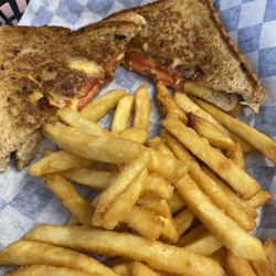 Battleview Market - Grilled cheese, added tomato on wheat. Yum. Fries are good, have an extra crunchy coating. Not pictured: burger also good .