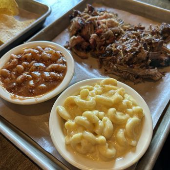 Albert G's Barbecue Tulsa Hills - Dinner Two Meat Combo -  Dinner Chopped Brisket & Dinner Pulled Pork with Macaroni and Cheese & Willie's Baked Beans - Barbeque Near Me - Tulsa, Oklahoma