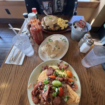 Tina's Place - top: chicken fried steak skillet, bottom: tina's andouille sausage and catfish grits - Breakfast & Brunch Near Me - Pinole, California Tina's Place - top: chicken fried steak skillet, bottom: tina's andouille sausage and catfish grits - Breakfast & Brunch Near Me - Pinole, California
