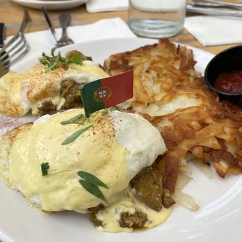 Poached Neighborhood Kitchen - Chile Verde Egg Benny with over easy egg - Breakfast & Brunch Near Me - Downey, California Poached Neighborhood Kitchen - Chile Verde Egg Benny with over easy egg - Breakfast & Brunch Near Me - Downey, California
