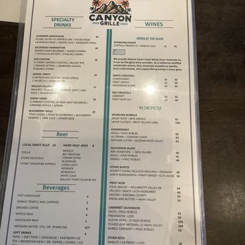 Canyon Grille - Latest menu (drinks). The waitress said it came out just 2 weeks ago (date captured on-site: 12/27/2024) - American Near Me - Escondido, California Canyon Grille - Latest menu (drinks). The waitress said it came out just 2 weeks ago (date captured on-site: 12/27/2024) - American Near Me - Escondido, California