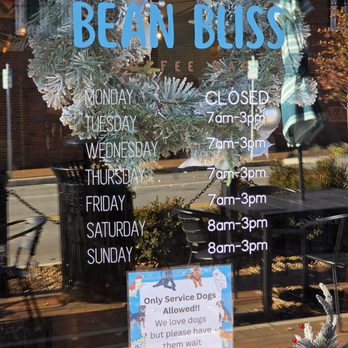 Bean Bliss Coffee Bar - The glass window of the front door with their Hours of Operation. - Coffee & Tea Near Me - Salem, Virginia