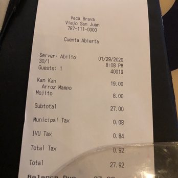 Vaca Brava - Dining receipt - Latin American Near Me - Old San Juan, Puerto Rico Vaca Brava - Dining receipt - Latin American Near Me - Old San Juan, Puerto Rico