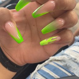 Liam's work. Lime green ombré  , v cut with flame pinky . I love