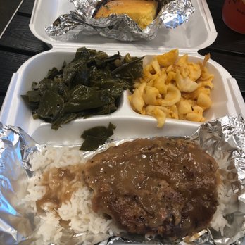 Messi Soul Kitchen - Smothered pork chops over rice, greens, Mac n cheese, corn bread. - Soul Food Near Me - Riverside, California