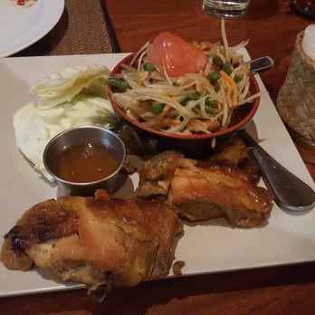 Lucki Thai - Papaya Salad with BBQ Chicken and Sticky Rice ($10.95). Pretty good. - Thai Near Me - Las Vegas, Nevada Lucki Thai - Papaya Salad with BBQ Chicken and Sticky Rice ($10.95). Pretty good. - Thai Near Me - Las Vegas, Nevada