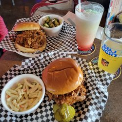 Ffinch’s Waterfront Restaurant - Pulled Pork Sandwiches homemade cucumber salad and Macaroni salad