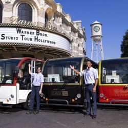 Warner Bros. Studio Tour Hollywood - (from left to right:) Standard Studio Tour cart, TCM Classic Films Tour cart, Deluxe Tour cart