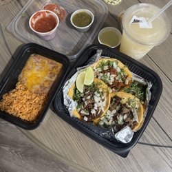 Dos Mezclas Restaurant and Bar - 4 Street Tacos with rice and beans with a frozen margarita to go!!