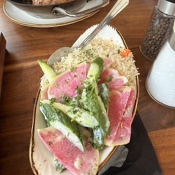 Gaucho Grill - rice and a beautiful fresh salad with crisp cucumber, thinly sliced watermelon radish, fresh greens and herbs, tossed in a light creamy dres - Argentine Near Me - Temecula, California