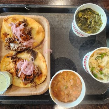 True Texas BBQ - Smoked Lamb Pita plate with Brisket Beans, Cole Slaw and Collard Greens. - Barbeque Near Me - Schertz, Texas True Texas BBQ - Smoked Lamb Pita plate with Brisket Beans, Cole Slaw and Collard Greens. - Barbeque Near Me - Schertz, Texas