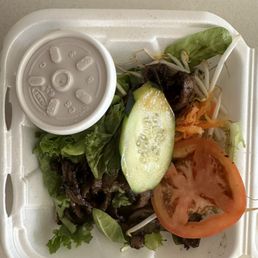 Overcooked and charred grill beef salad.