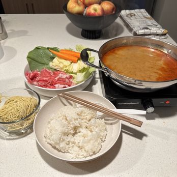 Shabu Wara - Spicy miso broth, wagyu ribeye, ramen, white rice, complimentary veggies - New American Near Me - Chino, California