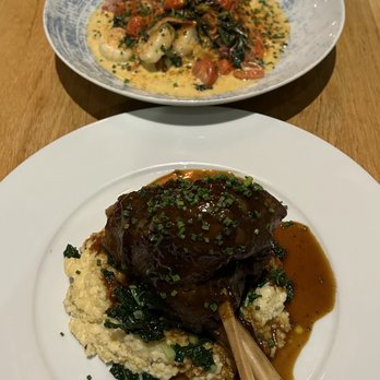 White Oak Kitchen & Cocktails - Georgia Shrimp (far), Wild Boar Shank (close) - Southern Near Me - Atlanta, Georgia White Oak Kitchen & Cocktails - Georgia Shrimp (far), Wild Boar Shank (close) - Southern Near Me - Atlanta, Georgia