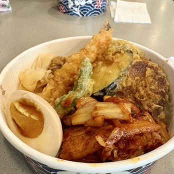Okome - Kimchi pork with tempura over rice - Japanese Near Me - Honolulu, Hawaii Okome - Kimchi pork with tempura over rice - Japanese Near Me - Honolulu, Hawaii