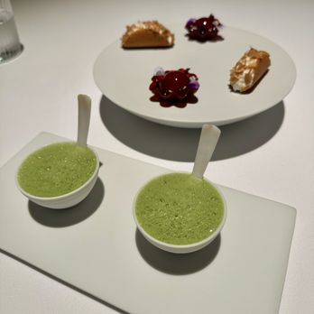 Addison - 1: yuzu custard, candied ginger, ceremonial matcha;
2: berry-beet tartlette (very tart), Verjus, vanilla;
3: tres leches taco - New American Near Me - San Diego, California Addison - 1: yuzu custard, candied ginger, ceremonial matcha;
2: berry-beet tartlette (very tart), Verjus, vanilla;
3: tres leches taco - New American Near Me - San Diego, California
