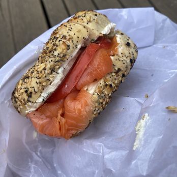 Barney Greengrass - Everything bagel with Nova Scotia Salmon, Scallion Cream Cheese, tomato, and onion. - Specialty Food Near Me - New York, New York Barney Greengrass - Everything bagel with Nova Scotia Salmon, Scallion Cream Cheese, tomato, and onion. - Specialty Food Near Me - New York, New York