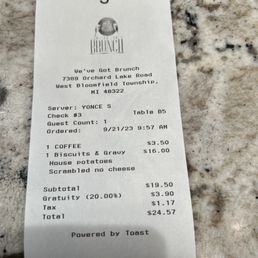 Bill with auto gratuity. Bill with auto gratuity.