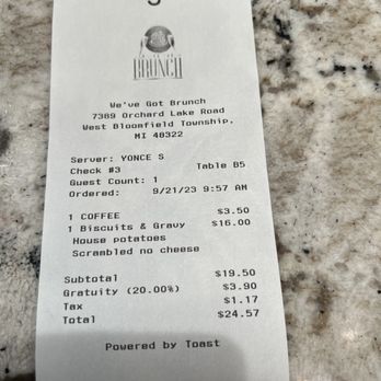 We’ve Got Brunch - Bill with auto gratuity. - Breakfast & Brunch Near Me - West Bloomfield Township, Michigan We’ve Got Brunch - Bill with auto gratuity. - Breakfast & Brunch Near Me - West Bloomfield Township, Michigan