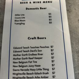 Beer and wine menu