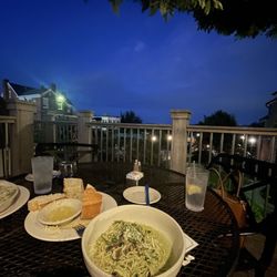 Black pepper linguine with basil pesto cream, add mushrooms and spinach!