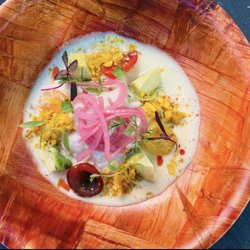 C222 Cocina Fusion - "Ceviche" coconut leche de tigre, catch of the day, red onion, cilantro, tomate, avocado and plantain dust.
