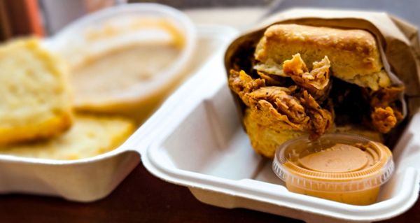 Photo of Bird Bird Biscuit - Austin, TX, US. Queen Beak biscuit & biscuits n gravy in bkg