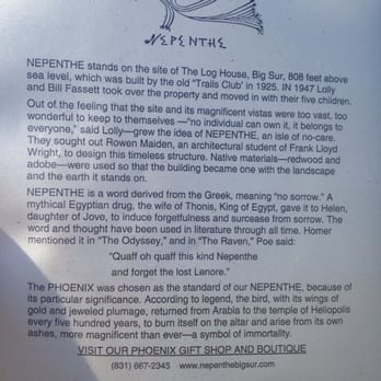 Nepenthe - Restaurant background on the back of their menu - New American Near Me - Big Sur, California