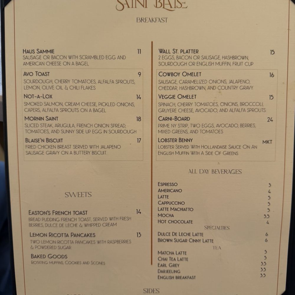 Saint Blaise - Menu as of 07.25.2026 - American Near Me - Midland, Texas Saint Blaise - Menu as of 07.25.2026 - American Near Me - Midland, Texas