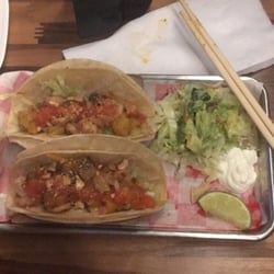 Wong Gonzalez - Mango Tango Shrimp Tacos $7: wok sautéed rock shrimp with mango salsa, strawberry yuzu sauce, lettuce, crushed cashews, and spicy mole