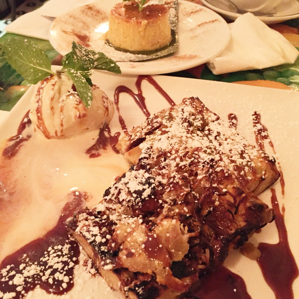 Cubana Cafe - Flan and coconut bread pudding with vanilla ice cream and dulce de leche. - Cuban Near Me - Brooklyn, New York