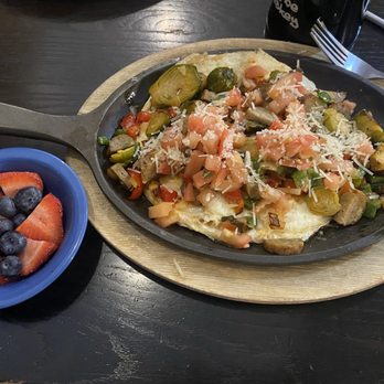 Shack Breakfast & Lunch - Eggs and Brussel sprouts! Side of fruit! - Breakfast & Brunch Near Me - Fallon, Missouri